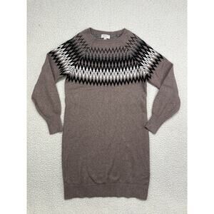 Loft Fair Isle Sweater Dress Women's Size M Brown Black Knit Short Tunic Cozy